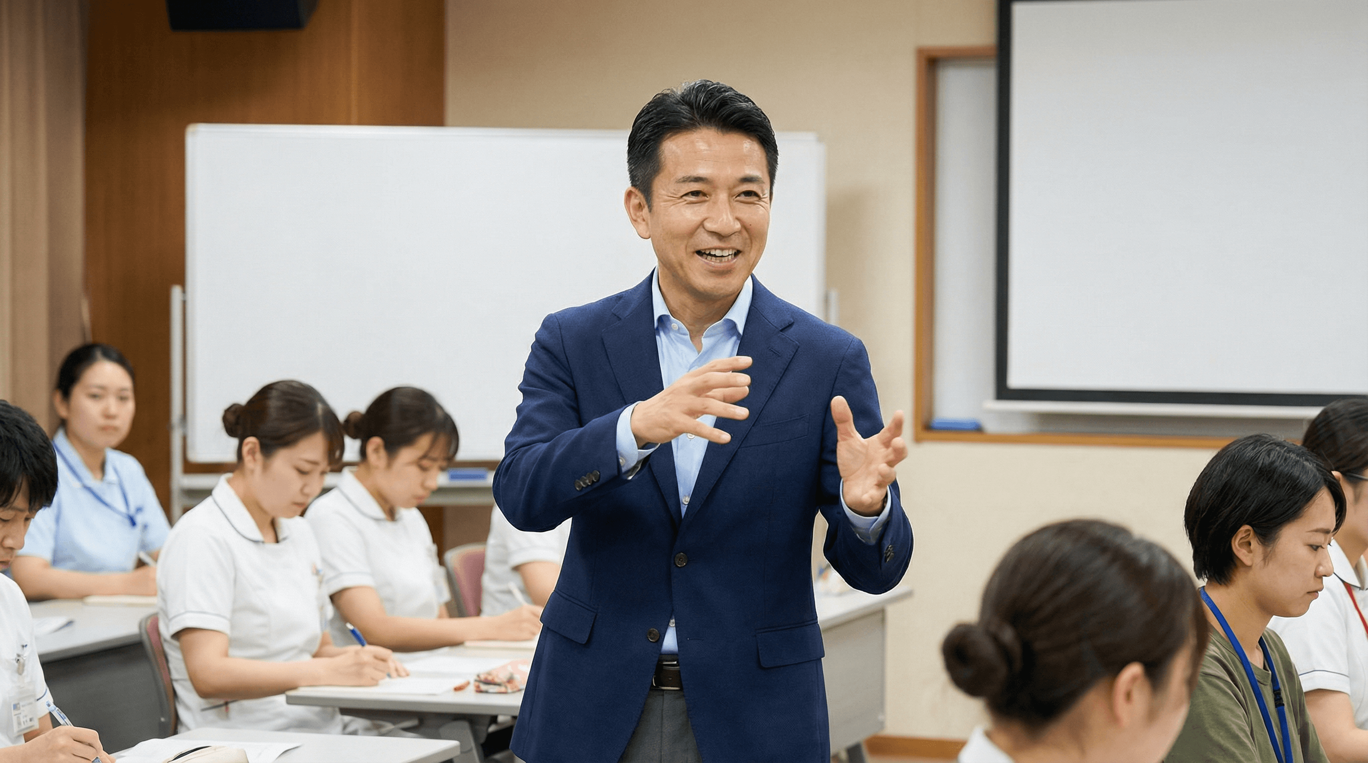 髙栁代表がセミナー会場で身振りを交えて熱く講義をしている風景