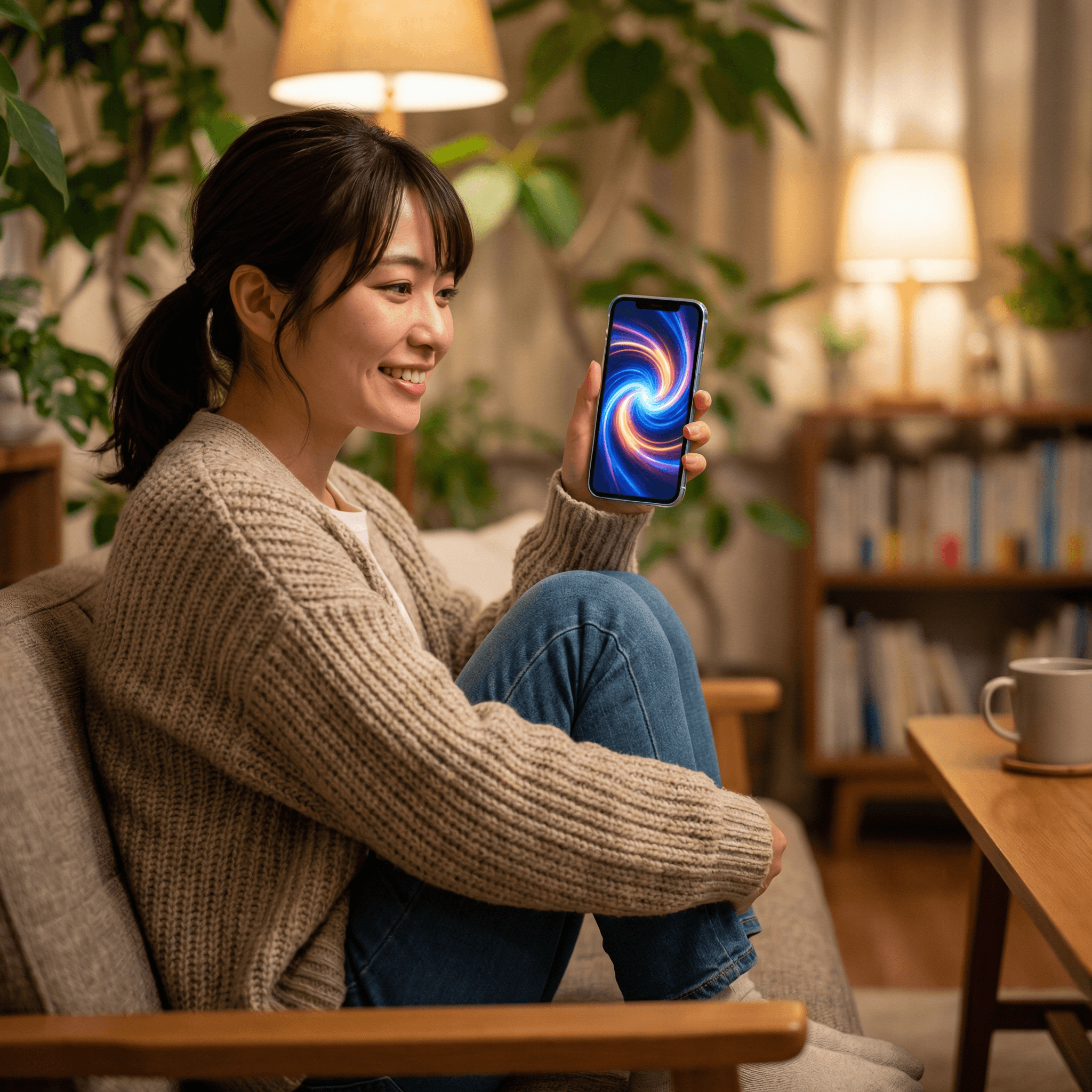 スマートフォンでLINEの画面を見ながら安心した表情の看護学生