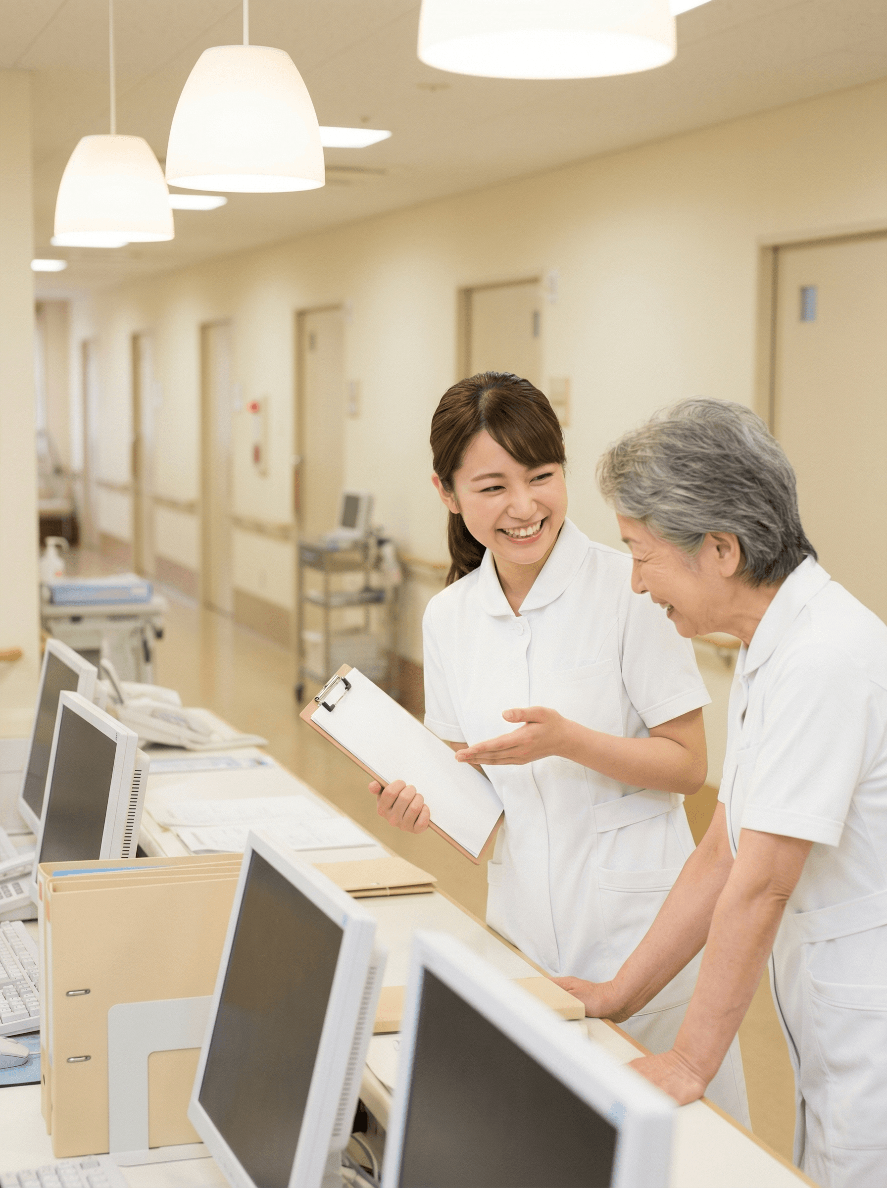 ナースステーションで若手看護師が先輩と笑顔で会話している様子