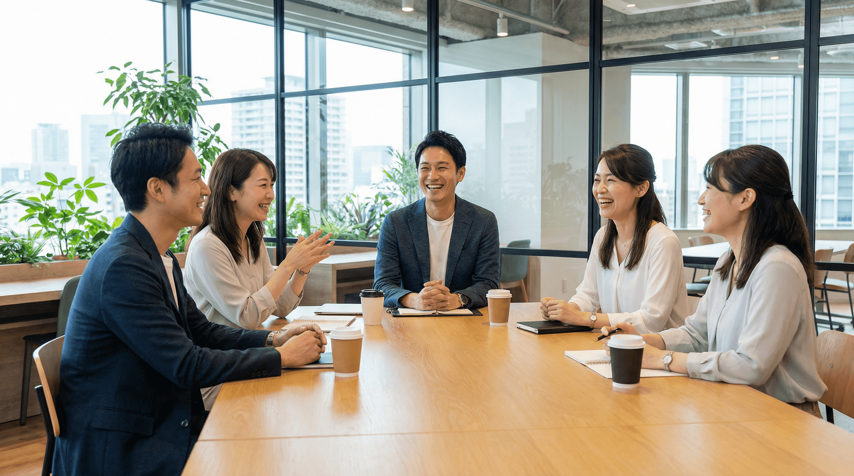 WAGONの講師・スタッフ全員がテーブルを囲んで談笑している集合写真